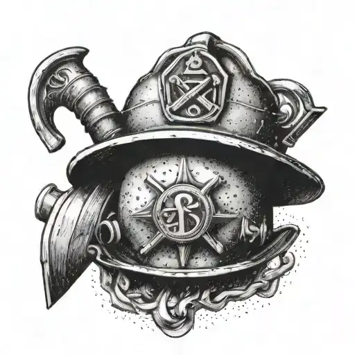 A dotwork tattoo of a firefighter's helmet with a musical note and anchor, representing your dedication to both firefighting and the navy tattoo design idea