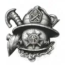 A dotwork tattoo of a firefighter's helmet with a musical note and anchor, representing your dedication to both firefighting and the navy tattoo design idea