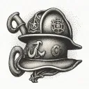 A dotwork tattoo of a firefighter's helmet with a musical note and anchor, representing your dedication to both firefighting and the navy tattoo design idea