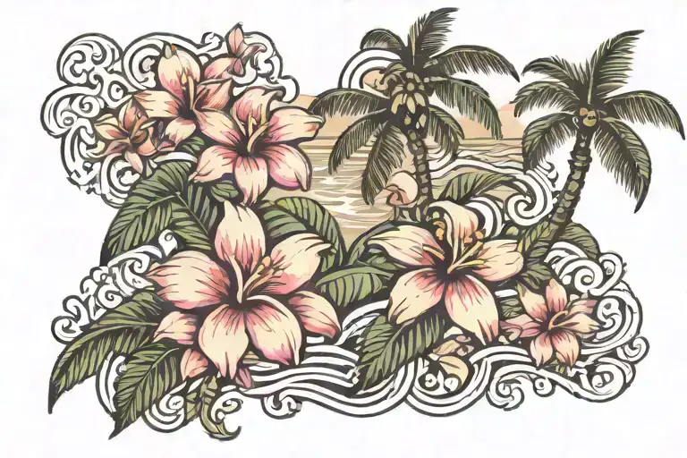 Outdoor furniture sewing hawaiian ocean wave palm tree plumeria tattoo design idea