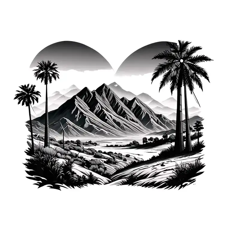 3 traingles and palm spring desert mountains with windmills in the mountains tattoo design idea