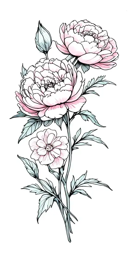 large scale peonies, begonias and iris flowers  tattoo design idea