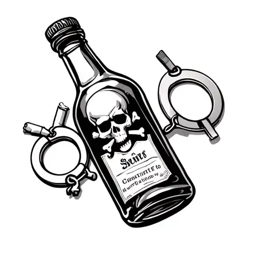 alcohol bottle with x's skull and crossbones alley despair cigarettes handcuffs jail cell transition to sobriety beauty tattoo design idea