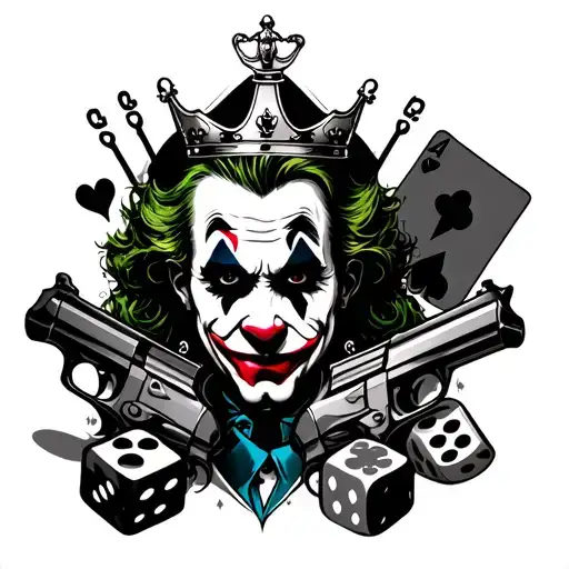 joker clown face with a crown and cards and guns and dices all black tattoo tattoo design idea