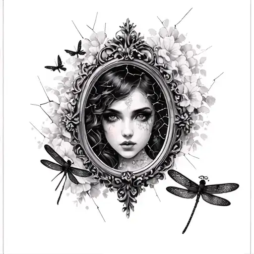 baroque mirror + cracked mirror+ beautiful face + gothic + feminine + dragonflies tattoo design idea