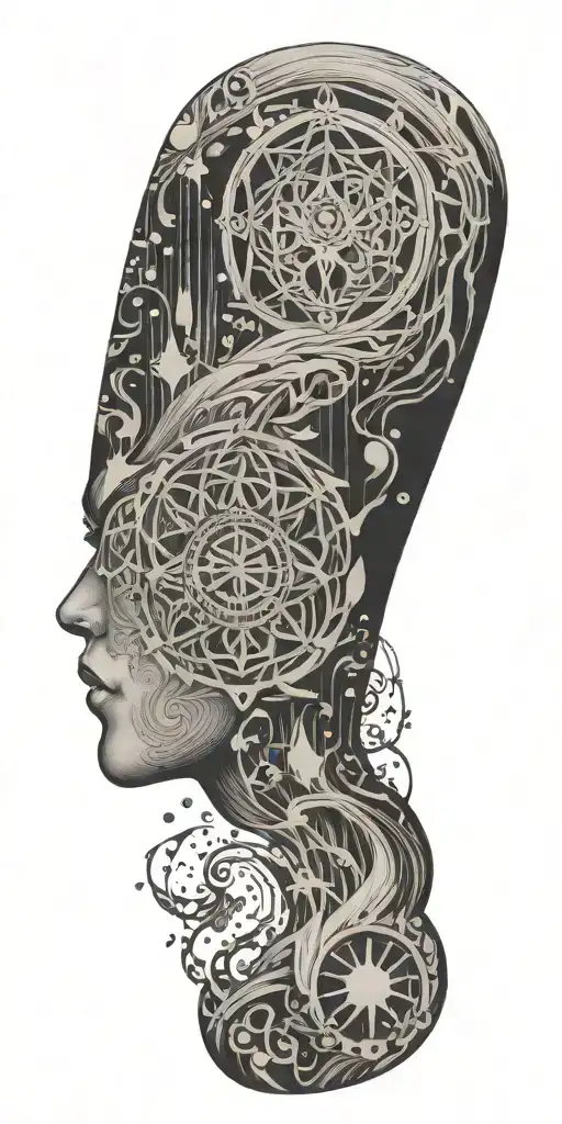 Blend Buddhist symbols, fine-line wood grain, anime elements, and subtle gaming symbols into a cohesive, flowing design tattoo design idea