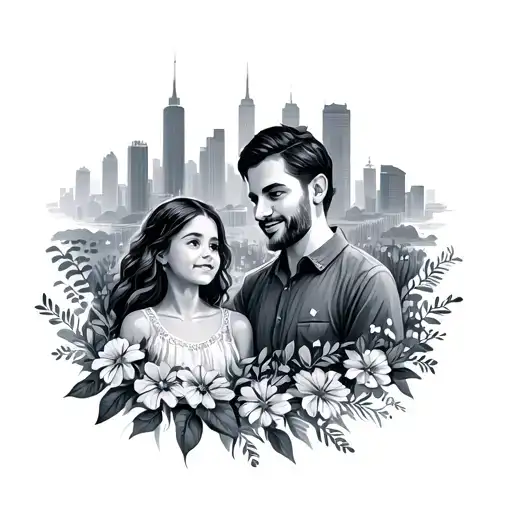 Family, daughter, shine, man, landscape, skyline, flowers tattoo design idea