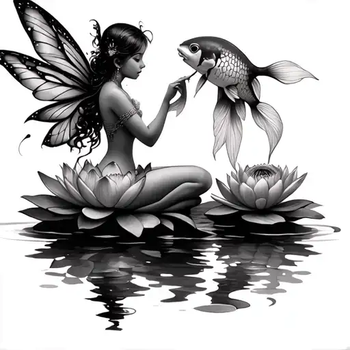 fairy sitting on lotus flower petting a koi fish tattoo design idea