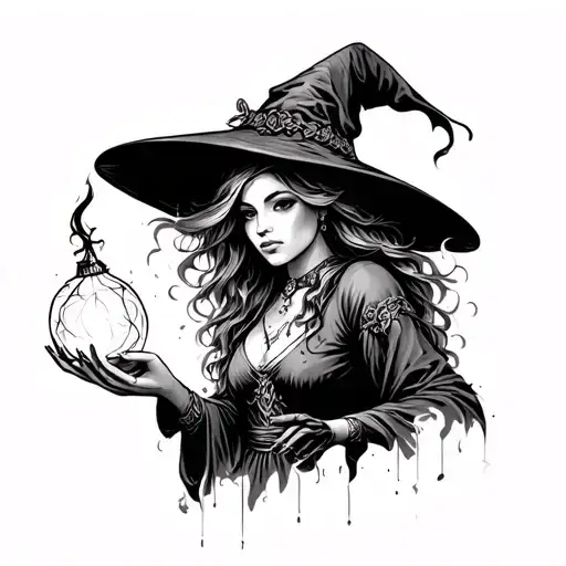 neo traditional witch casting a spell black and white tattoo design idea