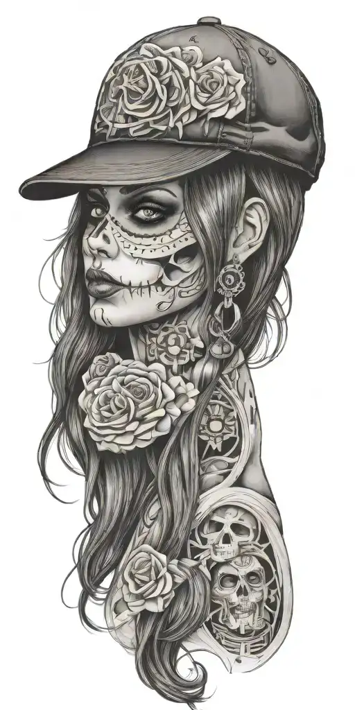 Los Muertos girl in a baseball cap, sheet music tattoo design idea