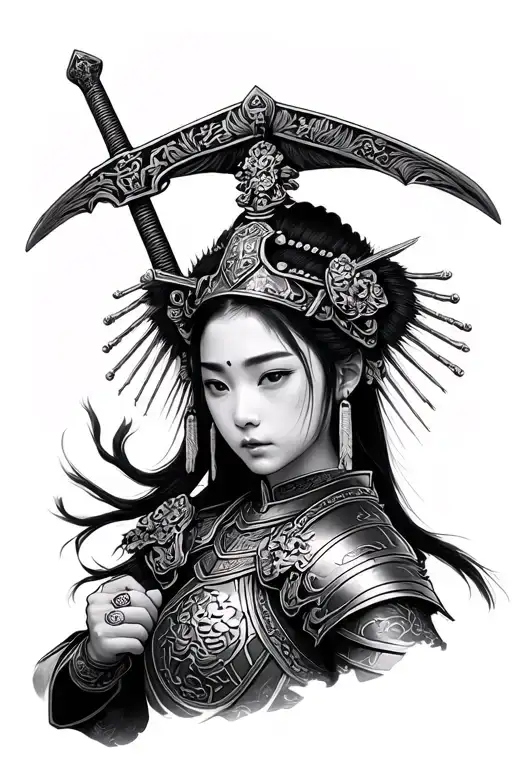 Ancient chinese female general in full armor holding a sword tattoo design idea