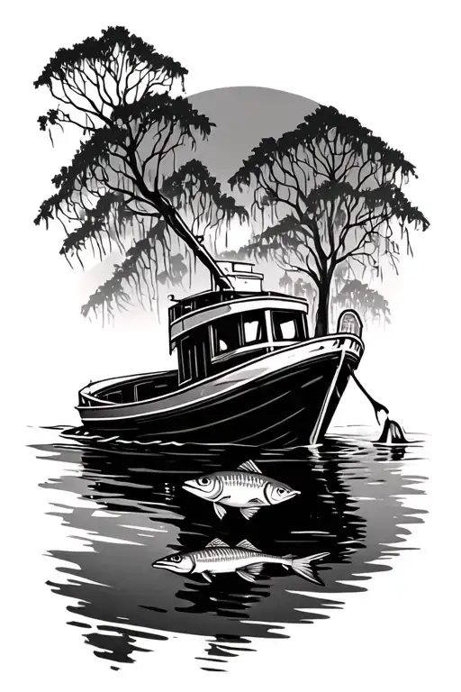 Bay boat in the river with mangrove trees around it with snook and redfish under the water tattoo design idea