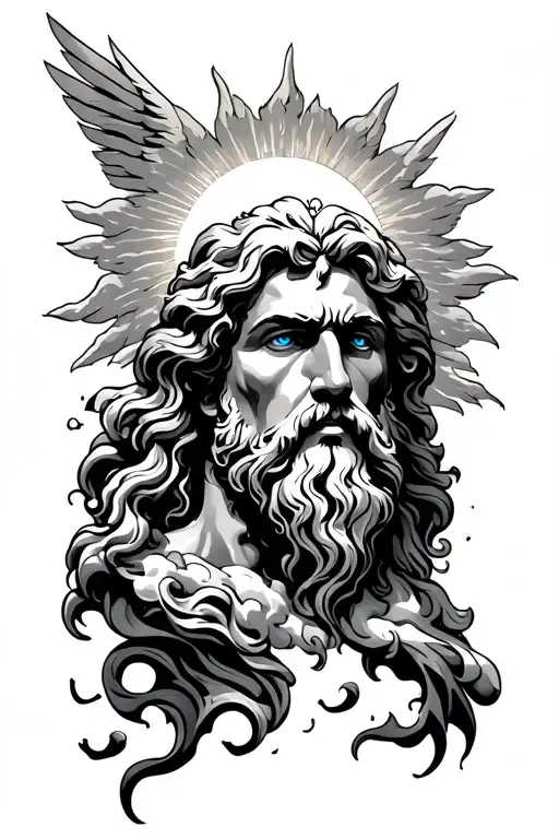 Icarus in free fall on lower arm with sun above with clouds blending into beard and face of Zeus with blue eyeson bicep  tattoo design idea