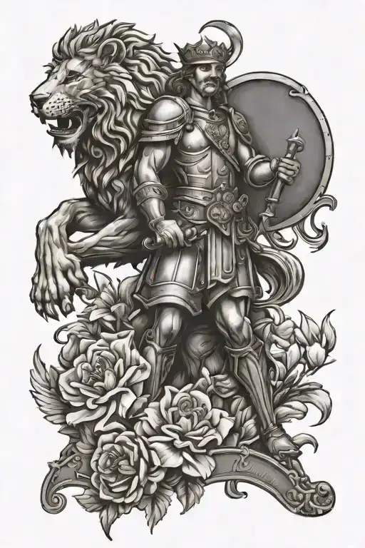 St Florian watering roses and lilys with lion behind tattoo design idea