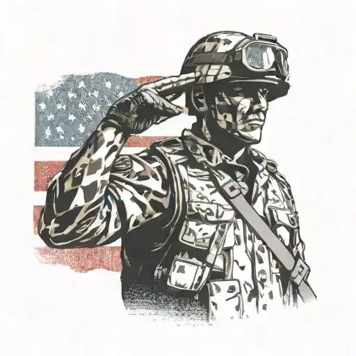 Design a tattoo of a soldier's silhouette saluting against a backdrop of the American flag tattoo design idea