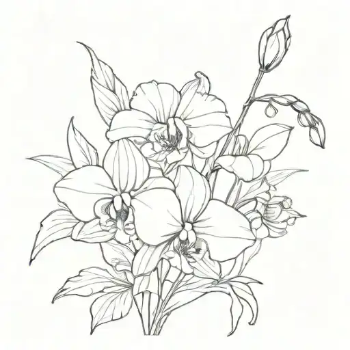 poppy, orchid, gladiolus, daisy, sweet pea flower tattoo design idea