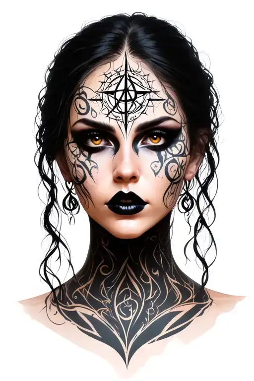 Realistic gothic female portrait, dark hair, intense stare, black lips, facial runes and sigils, forehead occult symbol, tattoo design idea