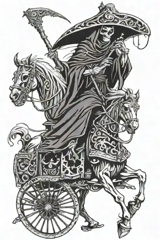 grim reaper riding gypsy caravan tattoo design idea