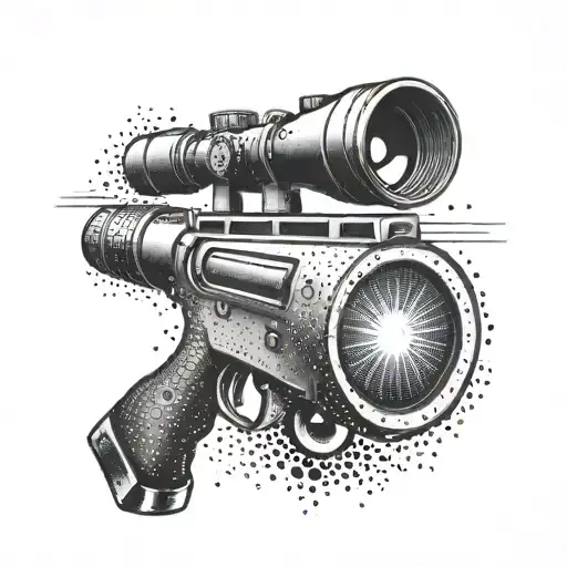 A dotwork tattoo of a sniper scope with a treble clef symbol incorporated into the design tattoo design idea