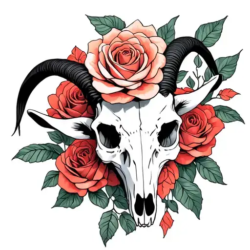 roses with goat skull tattoo design idea