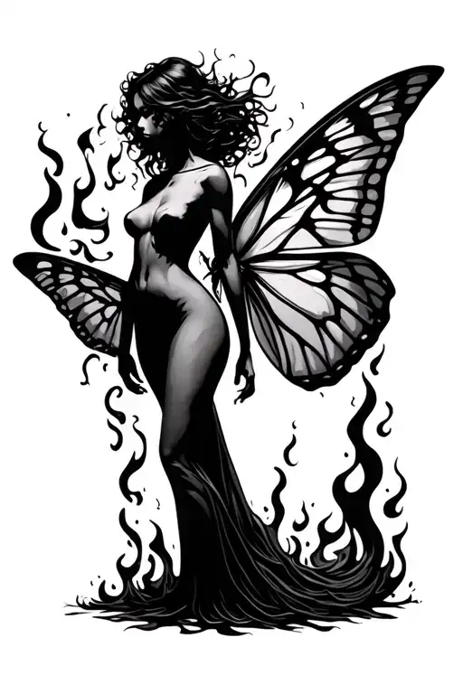 the silhouette of a curvy woman engulfed in flames becoming a moth tattoo design idea