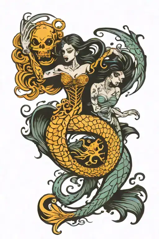 yin yang pisces skeleton mermaid tattoo design idea