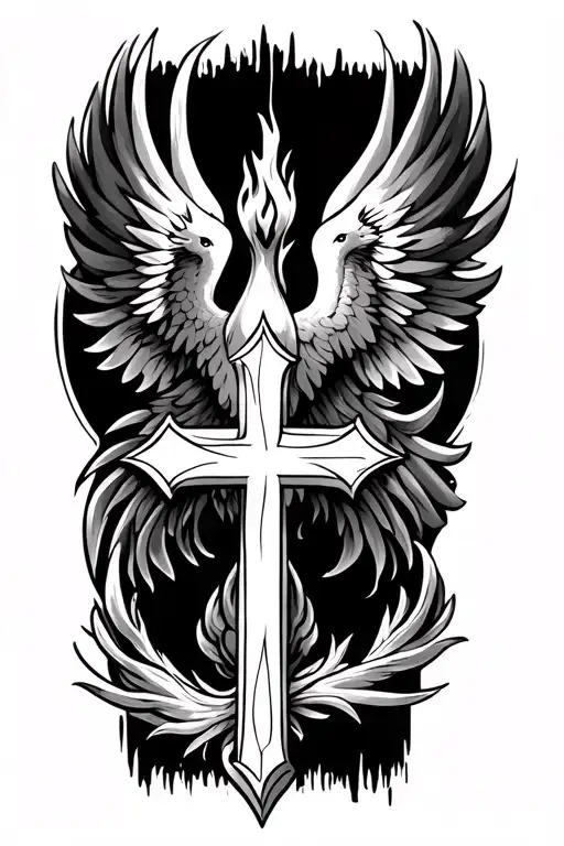 A cross on the wrist/thumb area that goes up the fore arm into a firebird  tattoo design idea