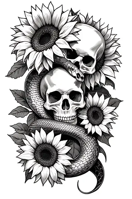 sunflowers and skulls with a snake slithering through them forearm tattoo tattoo design idea