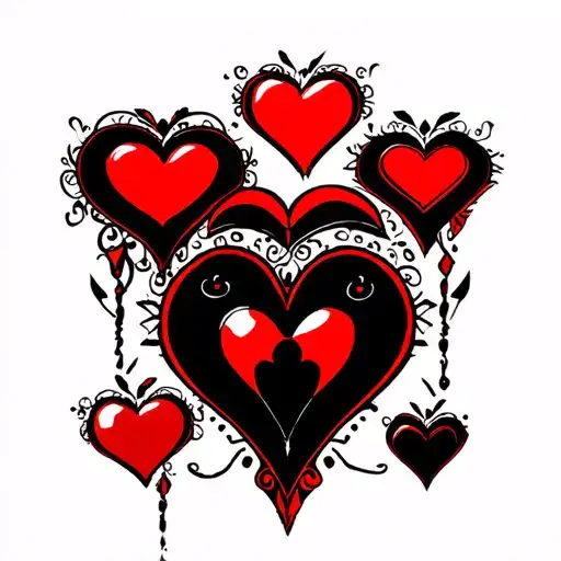 3 red hearts with black border and 1 black heart with red border  tattoo design idea