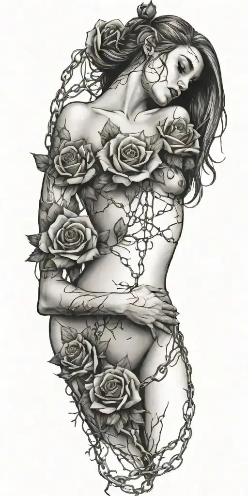 girl naked, broken chains, tree roots, roses tattoo design idea
