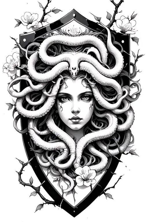beautiful Medusa atop a broken shield entwined with cherry blossom  tattoo design idea