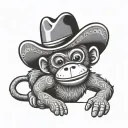 sock monkey wearing a sombrero riding a black lab like a horse bucking on its back legs tattoo design idea