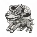 sock monkey wearing a sombrero riding a black lab like a horse bucking on its back legs tattoo design idea