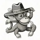 sock monkey wearing a sombrero riding a black lab like a horse bucking on its back legs tattoo design idea