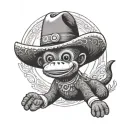 sock monkey wearing a sombrero riding a black lab like a horse bucking on its back legs tattoo design idea