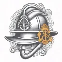 A dotwork tattoo of a firefighter's helmet with a musical note and anchor, representing your dedication to both firefighting and the navy tattoo design idea
