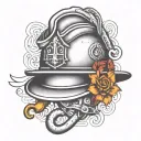A dotwork tattoo of a firefighter's helmet with a musical note and anchor, representing your dedication to both firefighting and the navy tattoo design idea