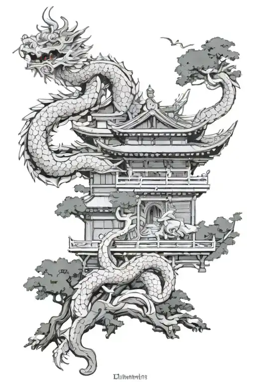 Japanese temple with dragon wrapped or draped around it,  bonsai. Add some colour tattoo design idea