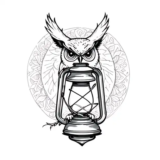 A clean line-art tattoo design featuring a lantern in the foreground and an owl positioned behind it. The owl should be  tattoo design idea