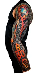 " BBPO" " BBPO" biomechanical sleeve true to actual biological of position on arm.  vertical text centered tattoo design idea