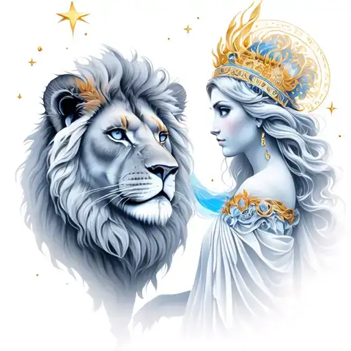Virgo goddess facing lion with stars tattoo design idea