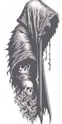 hooded reaper silohuette, smoke, fire, scary, bat wings tattoo design idea