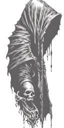 hooded reaper silohuette, smoke, fire, scary, bat wings tattoo design idea