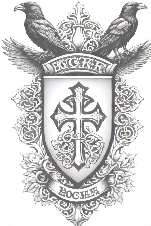 Rooker Family Crest with home in shield with  6 Crows on a celtic cross tattoo design idea