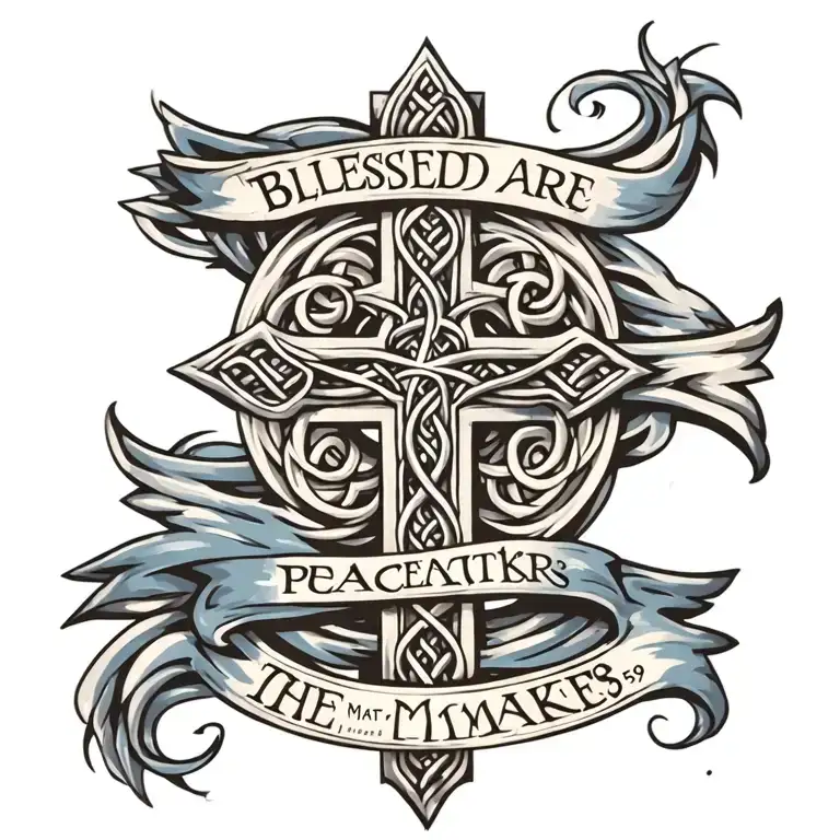 Celtic Cross with ""Blessed are the peacemakers" written on a blue banner draped on the cross.  Mat 5:9 written below tattoo design idea