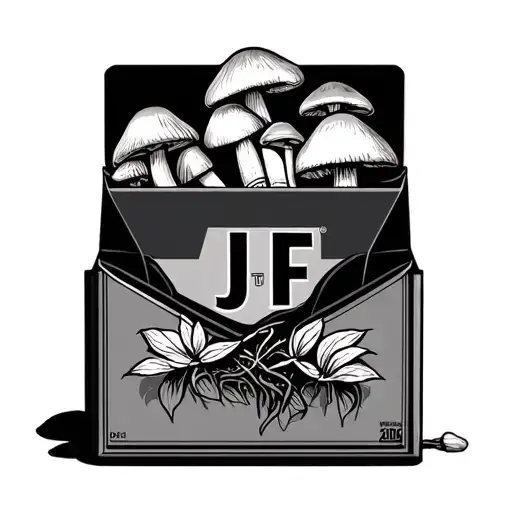 black and gray. Open pack of cigarettes with mushrooms on top. letters JF on front tattoo design idea