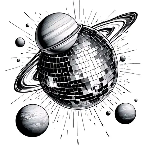 black and white tattoo: disco ball reflecting a ray of light surrounded by planets tattoo design idea