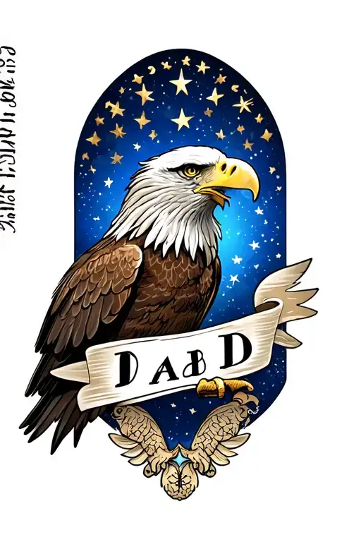 "Dad 01/02/1958-18/09/2024" memorial tattoo for dad with eagle and stars forming tattoo design idea
