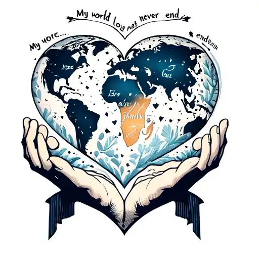 "My world love that never ends" the world inside a heart with Jesus praying hands holding names written Izec , Javen, Jeremiah , Eli, Kalaya, Malik  tattoo design idea