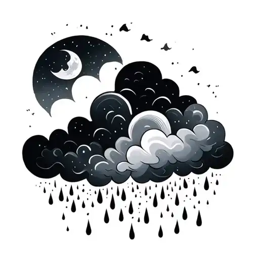 Cloud with moon and minimalist rain tattoo design idea